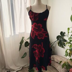 Aloha Hut Hawaiian Print Midi Dress Milkmaid Neckline and mermaid silhouette